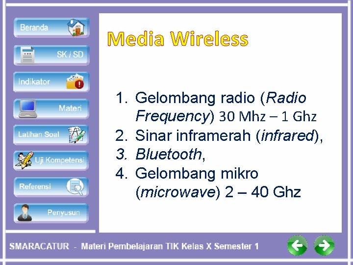 Media Wireless 1. Gelombang radio (Radio Frequency) 30 Mhz – 1 Ghz 2. Sinar