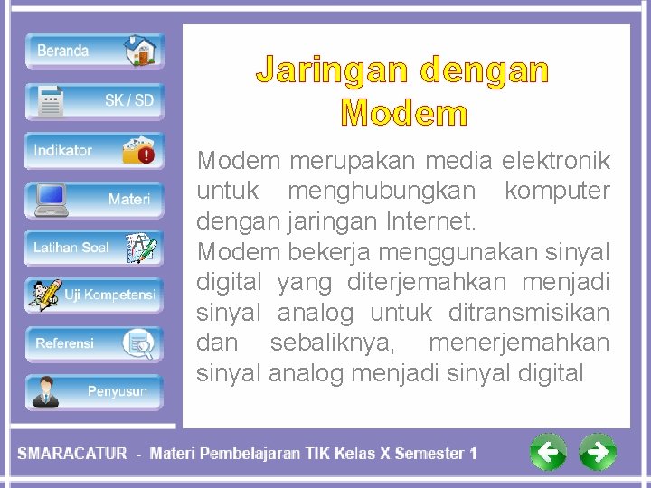 Jaringan dengan Modem merupakan media elektronik untuk menghubungkan komputer dengan jaringan Internet. Modem bekerja