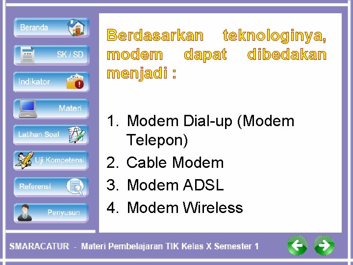 Berdasarkan teknologinya, modem dapat dibedakan menjadi : 1. Modem Dial-up (Modem Telepon) 2. Cable