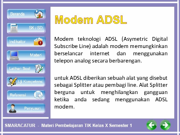 Modem ADSL Modem teknologi ADSL (Asymetric Digital Subscribe Line) adalah modem memungkinkan berselancar internet