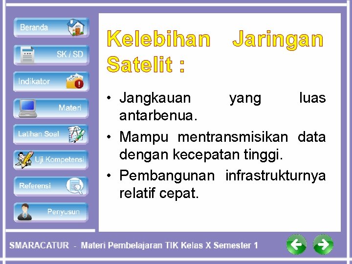 Kelebihan Satelit : Jaringan • Jangkauan yang luas antarbenua. • Mampu mentransmisikan data dengan