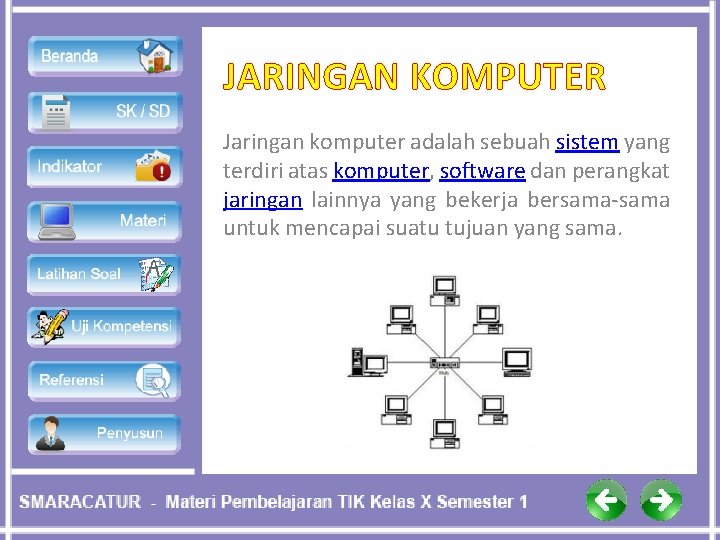 JARINGAN KOMPUTER Jaringan komputer adalah sebuah sistem yang terdiri atas komputer, software dan perangkat