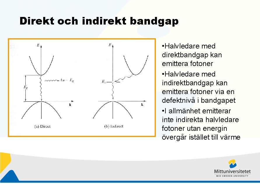 Direkt och indirekt bandgap • Halvledare med direktbandgap kan emittera fotoner • Halvledare med