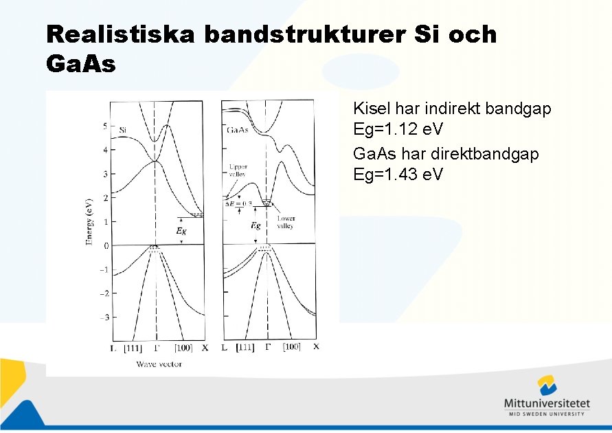 Realistiska bandstrukturer Si och Ga. As Kisel har indirekt bandgap Eg=1. 12 e. V