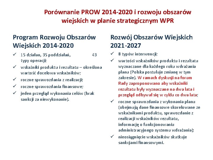 Porównanie PROW 2014 -2020 i rozwoju obszarów wiejskich w planie strategicznym WPR Program Rozwoju