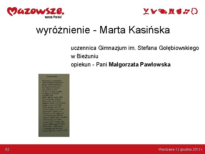 wyróżnienie - Marta Kasińska uczennica Gimnazjum im. Stefana Gołębiowskiego w Bieżuniu opiekun - Pani