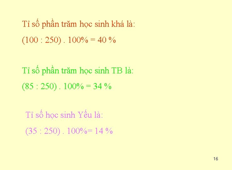 Tỉ số phần trăm học sinh khá là: (100 : 250). 100% = 40
