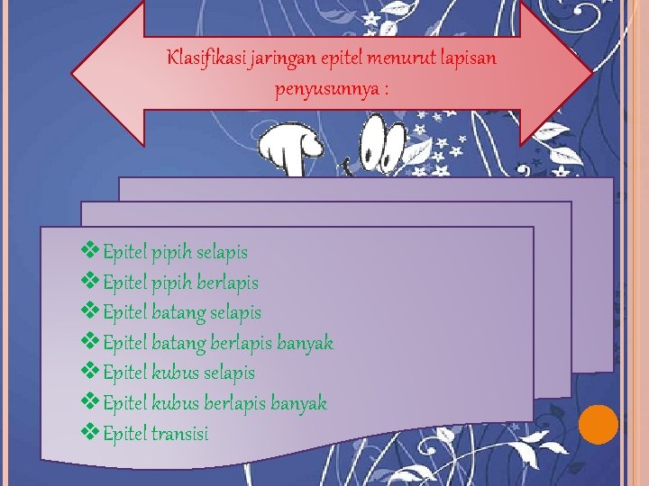 Klasifikasi jaringan epitel menurut lapisan penyusunnya : v. Epitel pipih selapis v. Epitel pipih