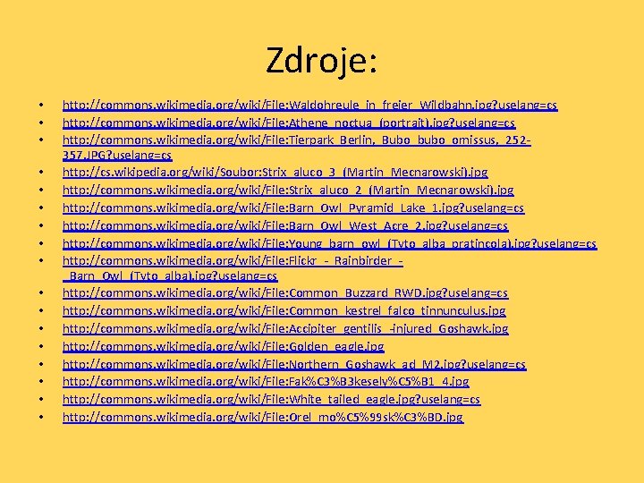 Zdroje: • • • • • http: //commons. wikimedia. org/wiki/File: Waldohreule_in_freier_Wildbahn. jpg? uselang=cs http: