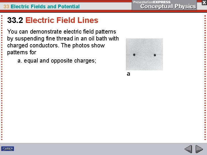 33 Electric Fields and Potential 33. 2 Electric Field Lines You can demonstrate electric