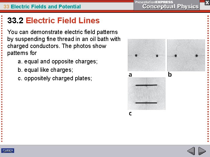 33 Electric Fields and Potential 33. 2 Electric Field Lines You can demonstrate electric