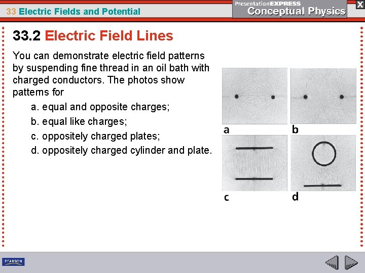 33 Electric Fields and Potential 33. 2 Electric Field Lines You can demonstrate electric