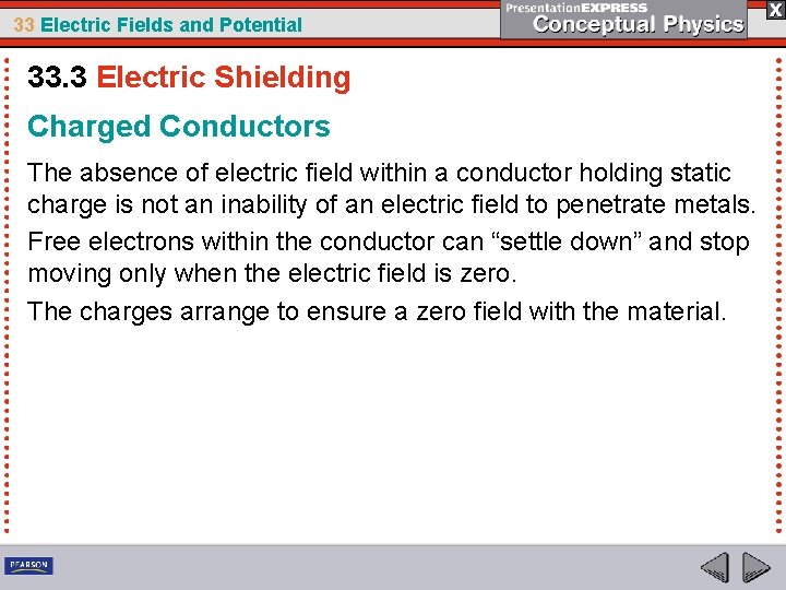 33 Electric Fields and Potential 33. 3 Electric Shielding Charged Conductors The absence of