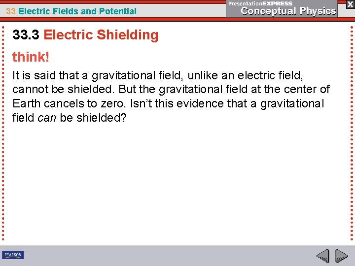 33 Electric Fields and Potential 33. 3 Electric Shielding think! It is said that