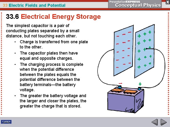 33 Electric Fields and Potential 33. 6 Electrical Energy Storage The simplest capacitor is