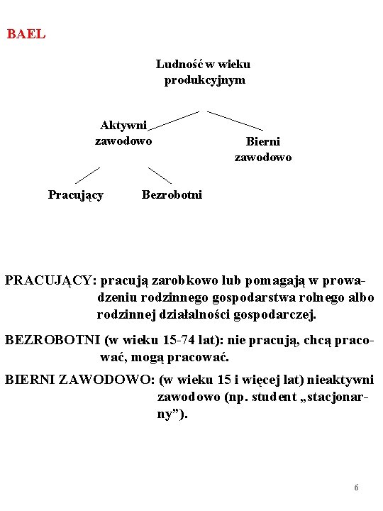 BAEL Ludność w wieku produkcyjnym Aktywni zawodowo Pracujący Bierni zawodowo Bezrobotni PRACUJĄCY: pracują zarobkowo