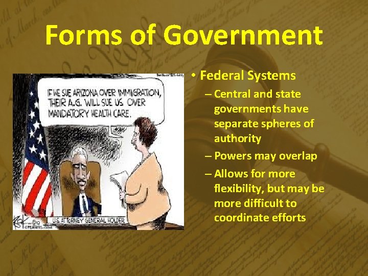 Forms of Government • Federal Systems – Central and state governments have separate spheres