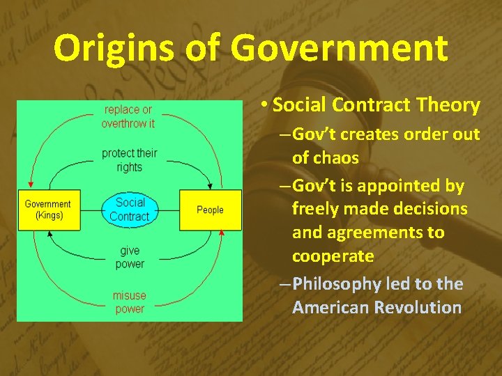 Origins of Government • Social Contract Theory – Gov’t creates order out of chaos