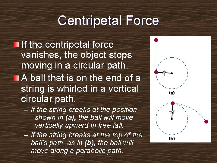 Centripetal Force If the centripetal force vanishes, the object stops moving in a circular