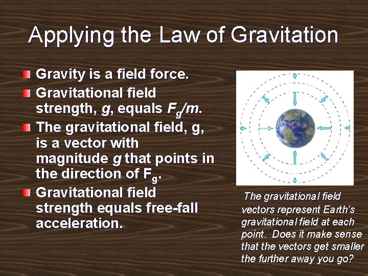 Applying the Law of Gravitation Gravity is a field force. Gravitational field strength, g,