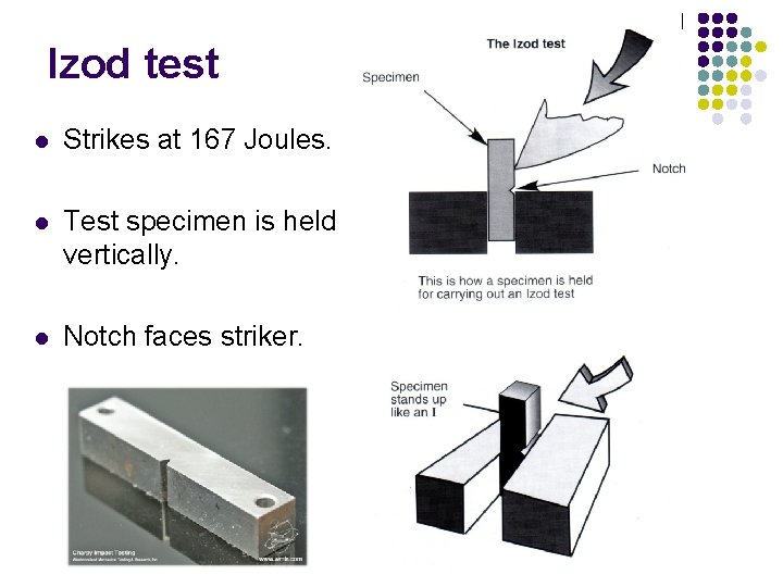 Izod test l Strikes at 167 Joules. l Test specimen is held vertically. l Izod test l Strikes at 167 Joules. l Test specimen is held vertically. l