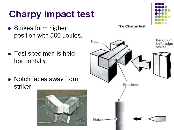 Charpy impact test l Strikes form higher position with 300 Joules. l Test specimen Charpy impact test l Strikes form higher position with 300 Joules. l Test specimen