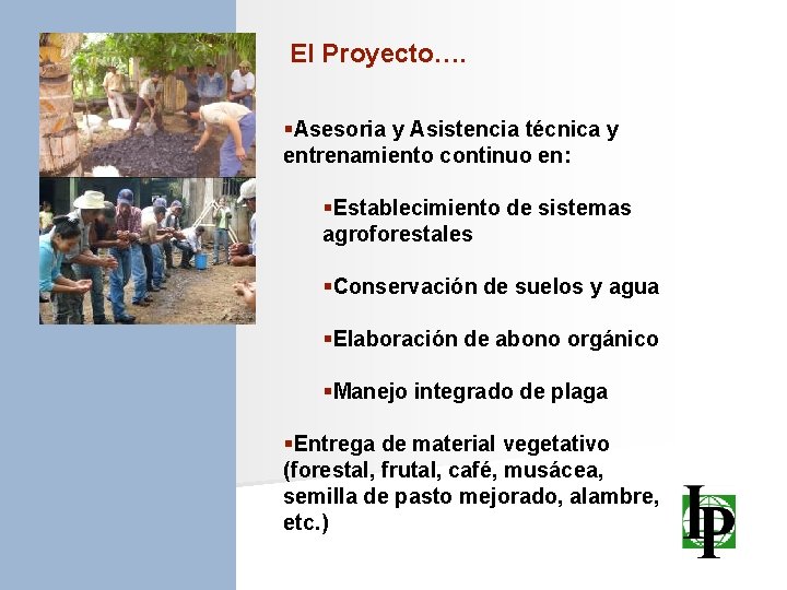 El Proyecto…. §Asesoria y Asistencia técnica y entrenamiento continuo en: §Establecimiento de sistemas agroforestales