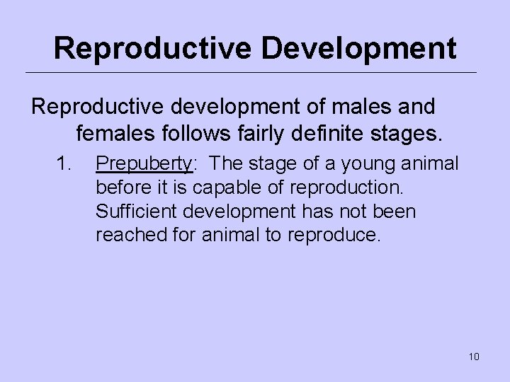 Reproductive Development Reproductive development of males and females follows fairly definite stages. 1. Prepuberty: