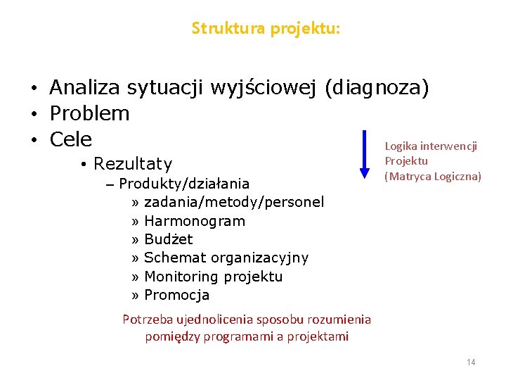 Struktura projektu: • Analiza sytuacji wyjściowej (diagnoza) • Problem • Cele Logika interwencji •