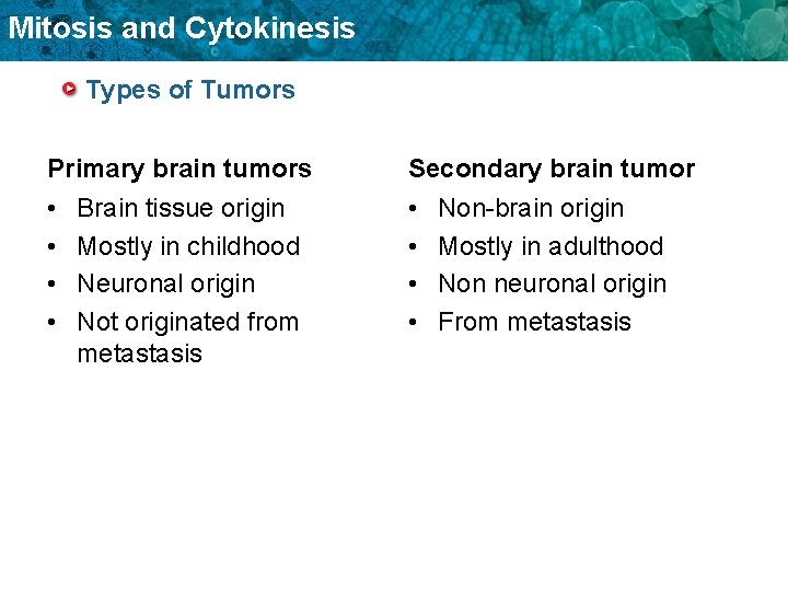 Mitosis and Cytokinesis Types of Tumors Primary brain tumors Secondary brain tumor • •