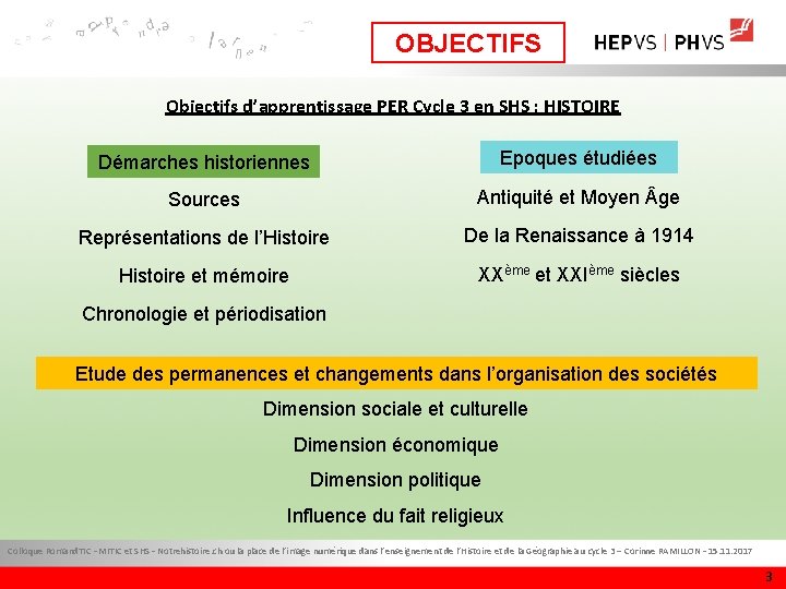 OBJECTIFS Objectifs d’apprentissage PER Cycle 3 en SHS : HISTOIRE Démarches historiennes Epoques étudiées OBJECTIFS Objectifs d’apprentissage PER Cycle 3 en SHS : HISTOIRE Démarches historiennes Epoques étudiées