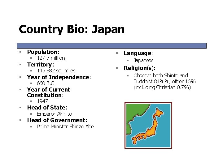 Country Bio: Japan § Population: § Territory: § Year of Independence: § Year of