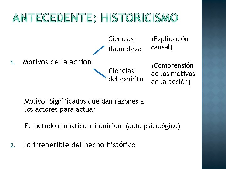 1. Ciencias Naturaleza (Explicación causal) Ciencias del espíritu (Comprensión de los motivos de la