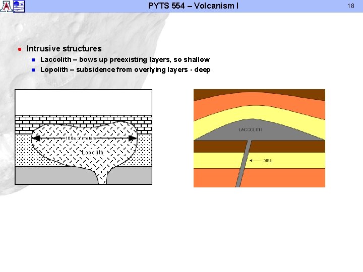 PYTS 554 – Volcanism I l Intrusive structures n n Laccolith – bows up