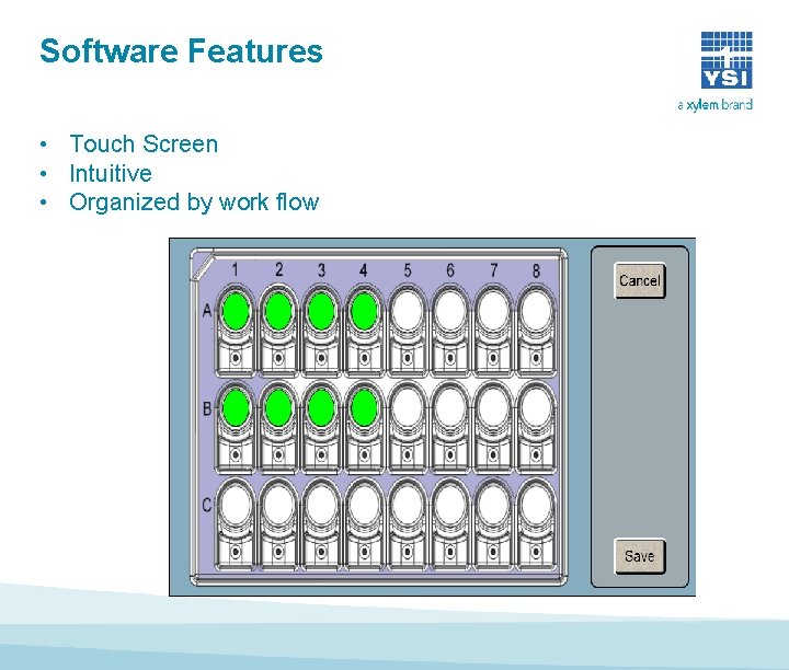 Software Features • Touch Screen • Intuitive • Organized by work flow Software Features • Touch Screen • Intuitive • Organized by work flow