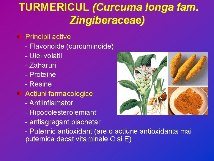 TURMERICUL (Curcuma longa fam. Zingiberaceae) Principii active - Flavonoide (curcuminoide) - Ulei volatil -