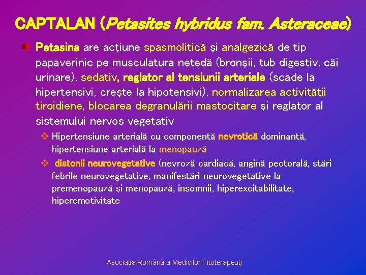 CAPTALAN (Petasites hybridus fam. Asteraceae) Petasina are acţiune spasmolitică şi analgezică de tip papaverinic