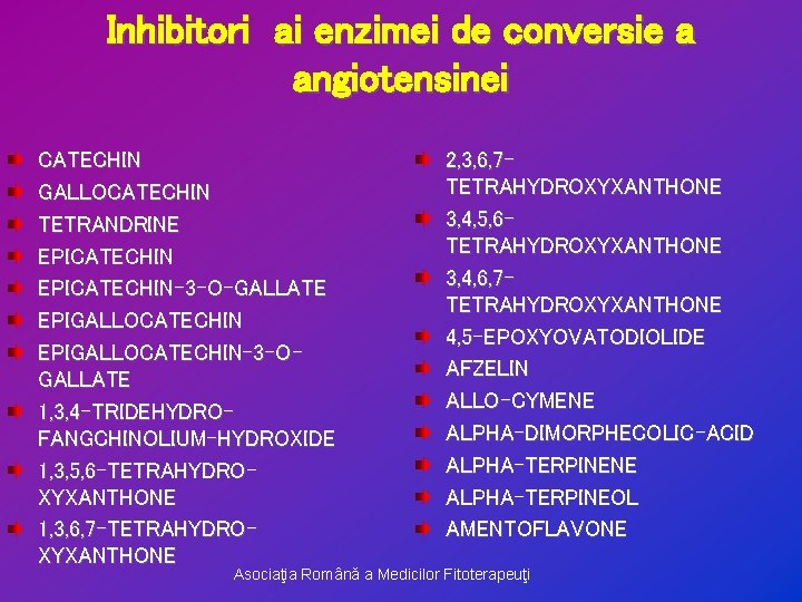 Inhibitori ai enzimei de conversie a angiotensinei CATECHIN GALLOCATECHIN TETRANDRINE EPICATECHIN-3 -O-GALLATE EPIGALLOCATECHIN-3 -OGALLATE