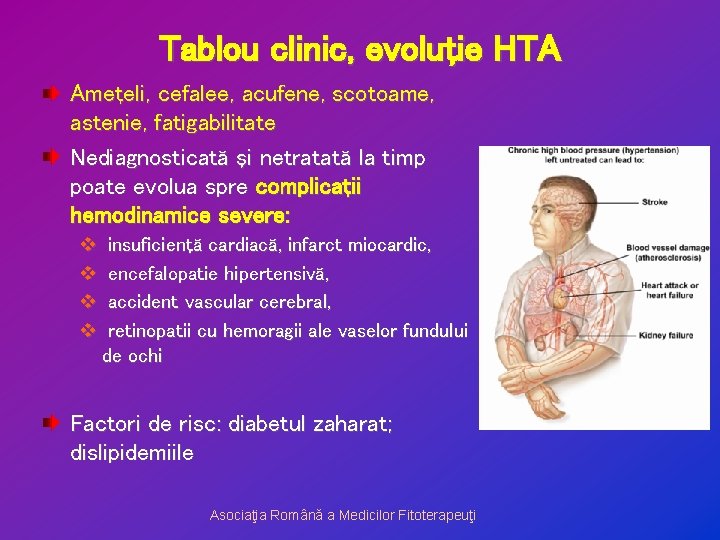 Tablou clinic, evoluţie HTA Ameţeli, cefalee, acufene, scotoame, astenie, fatigabilitate Nediagnosticată şi netratată la