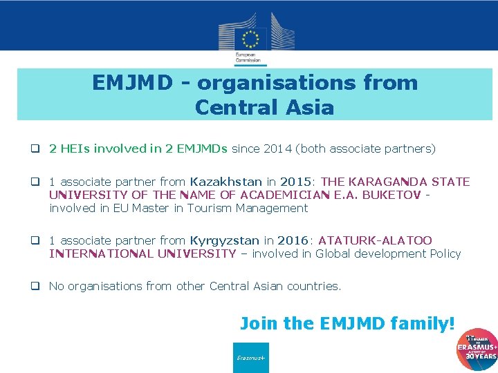 EMJMD - organisations from Central Asia q 2 HEIs involved in 2 EMJMDs since