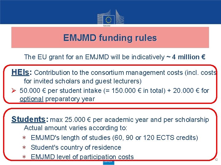 EMJMD funding rules The EU grant for an EMJMD will be indicatively ~ 4