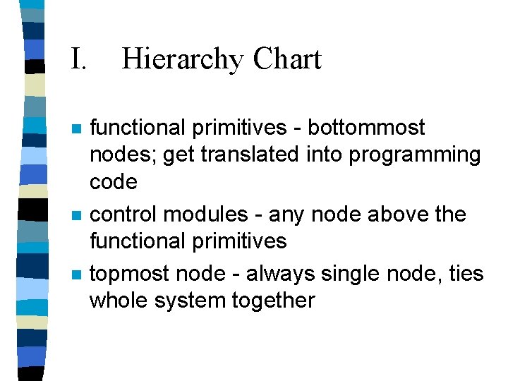 I. n n n Hierarchy Chart functional primitives - bottommost nodes; get translated into I. n n n Hierarchy Chart functional primitives - bottommost nodes; get translated into