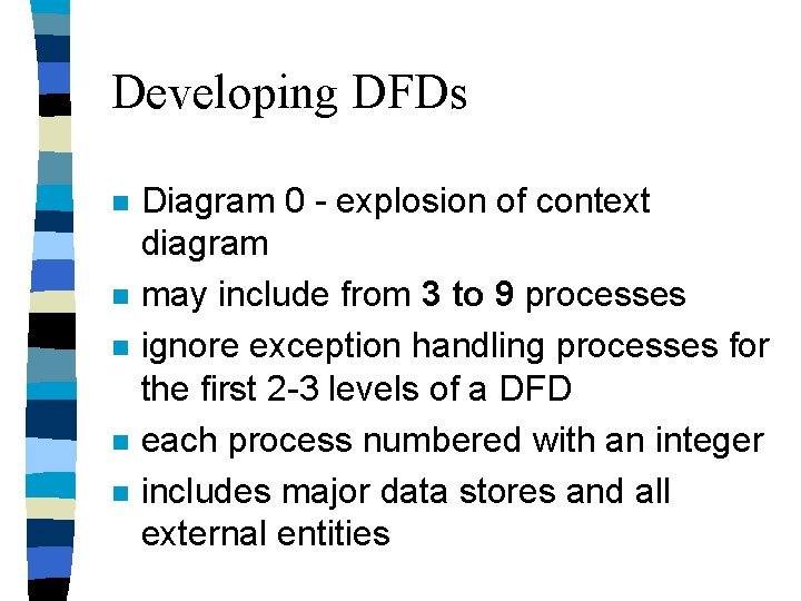 Developing DFDs n n n Diagram 0 - explosion of context diagram may include Developing DFDs n n n Diagram 0 - explosion of context diagram may include