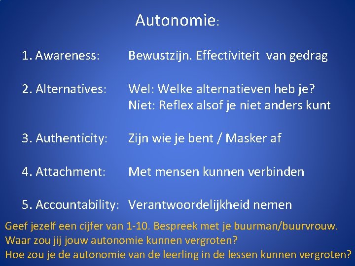 Autonomie: 1. Awareness: Bewustzijn. Effectiviteit van gedrag 2. Alternatives: Wel: Welke alternatieven heb je?