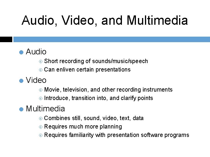 Audio, Video, and Multimedia = Audio Short recording of sounds/music/speech Can enliven certain presentations