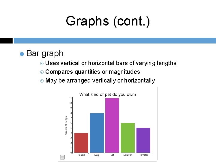 Graphs (cont. ) = Bar graph Uses vertical or horizontal bars of varying lengths