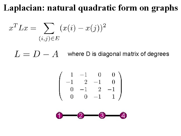 Laplacian: natural quadratic form on graphs where D is diagonal matrix of degrees 1 Laplacian: natural quadratic form on graphs where D is diagonal matrix of degrees 1