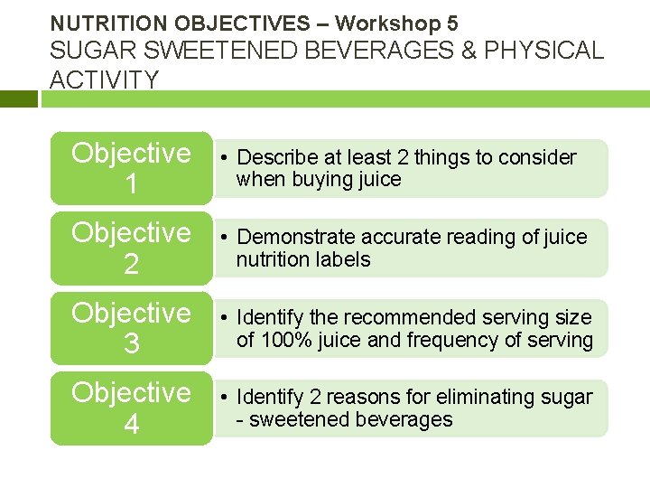 NUTRITION OBJECTIVES – Workshop 5 SUGAR SWEETENED BEVERAGES & PHYSICAL ACTIVITY Objective 1 •