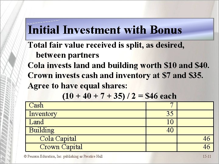 Initial Investment with Bonus Total fair value received is split, as desired, between partners