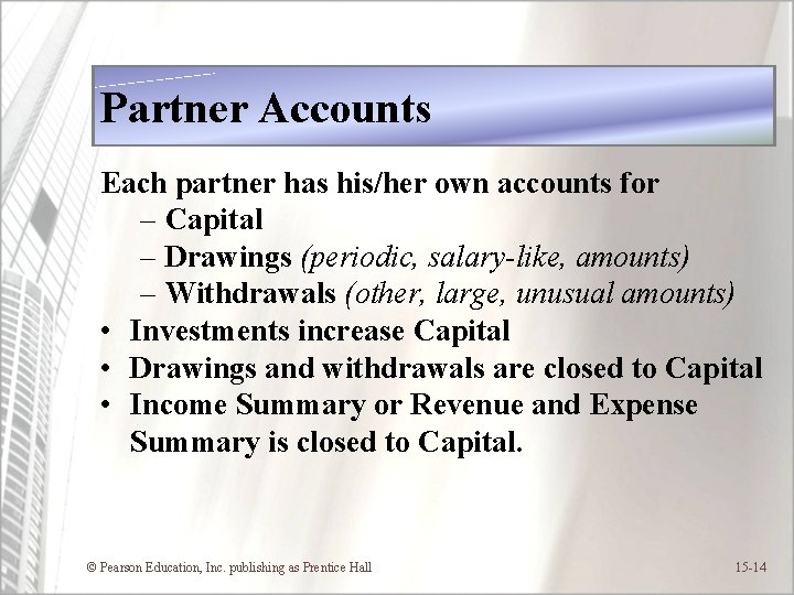 Partner Accounts Each partner has his/her own accounts for – Capital – Drawings (periodic,
